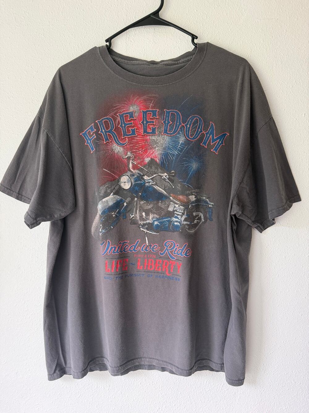 Patriotic Freedom United We Ride Graphic Men Biker Motorcycle T-Shirt XL Gray
